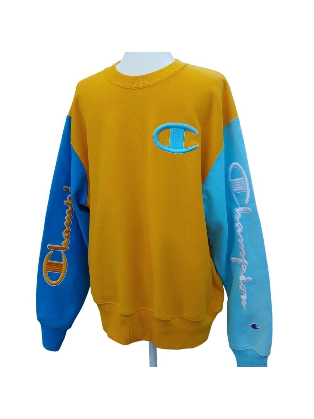 Champion Men's Embroidered Reverse Weave Crewneck in Mustard Teal size Large - Picture 1 of 15